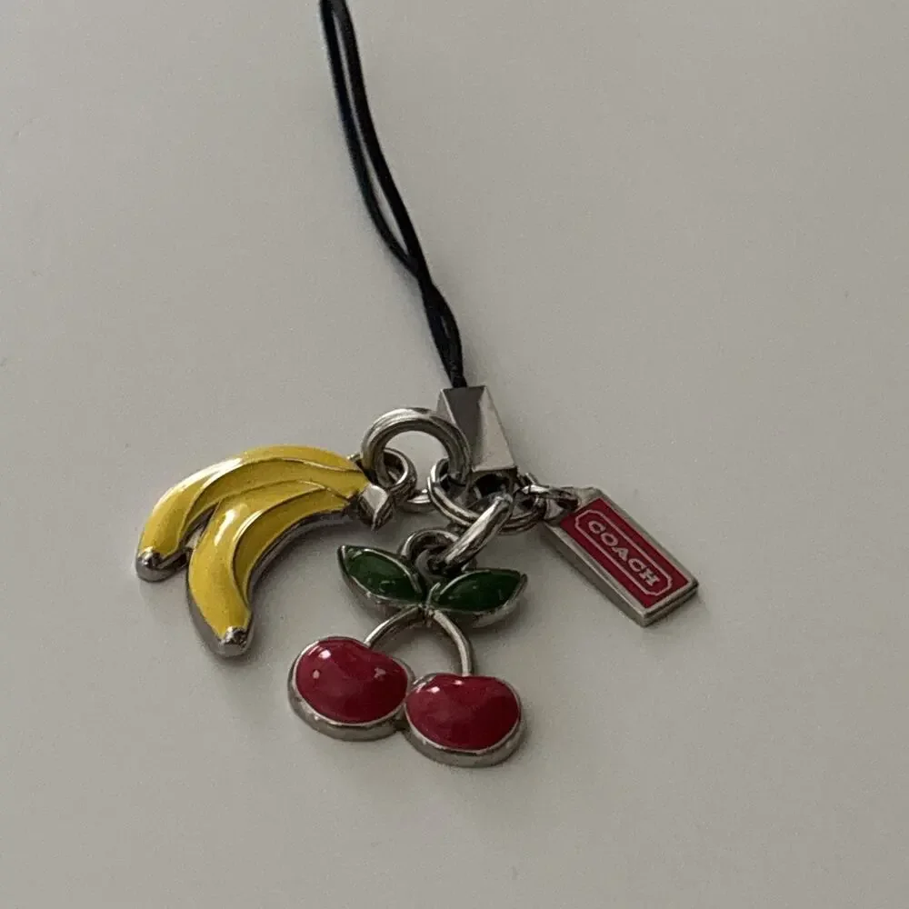 Coach Enamel Cherry & Bananas vintage Y2K phone Charm Silver Tone 3” Long